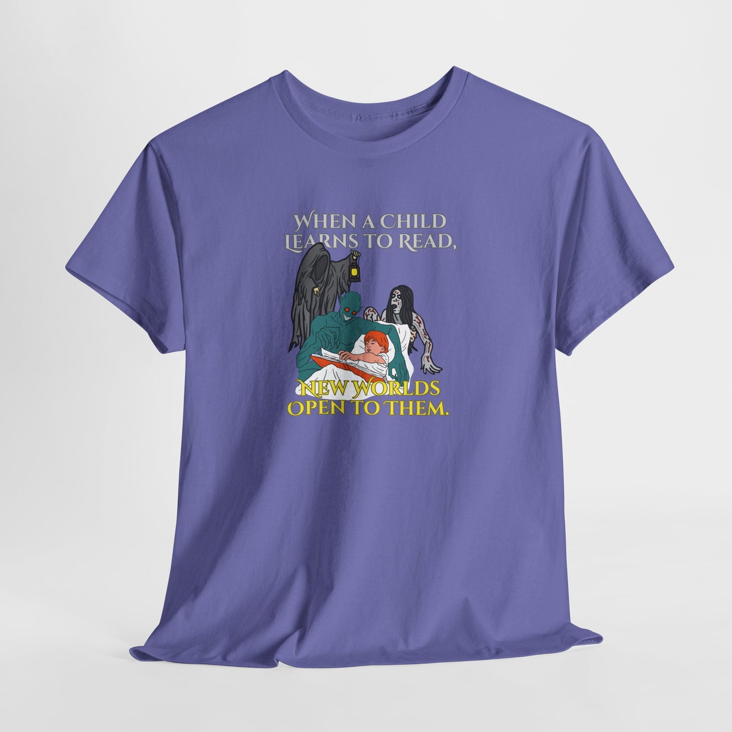 Inspirational Reading Tee - 'When a Child Learns to Read, Great Worlds Open to Them' Unisex Heavy Cotton Tee