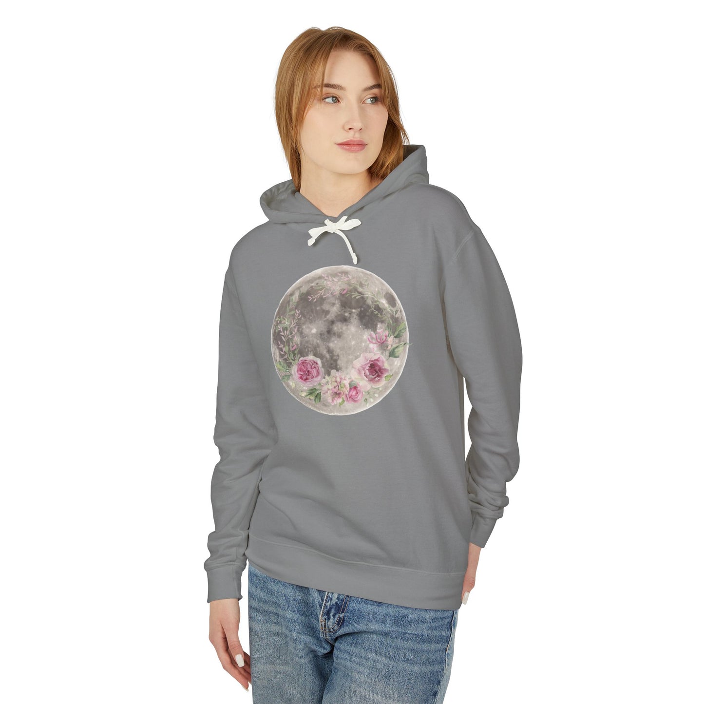 Moon & Floral Hoodie, Unisex Lightweight, Cozy Sweatshirt, Nature Lover Gift, Night Sky Apparel, Perfect for Fall & Spring