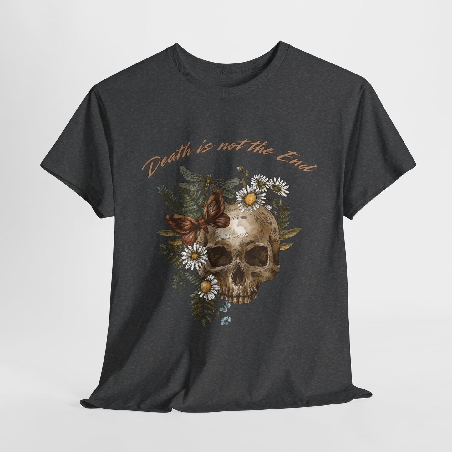 Skull Floral Unisex Heavy Cotton Tee, Casual Graphic Tee, Death Not the End Shirt, Dark Aesthetic T-Shirt, Gothic Gift Idea, Halloween