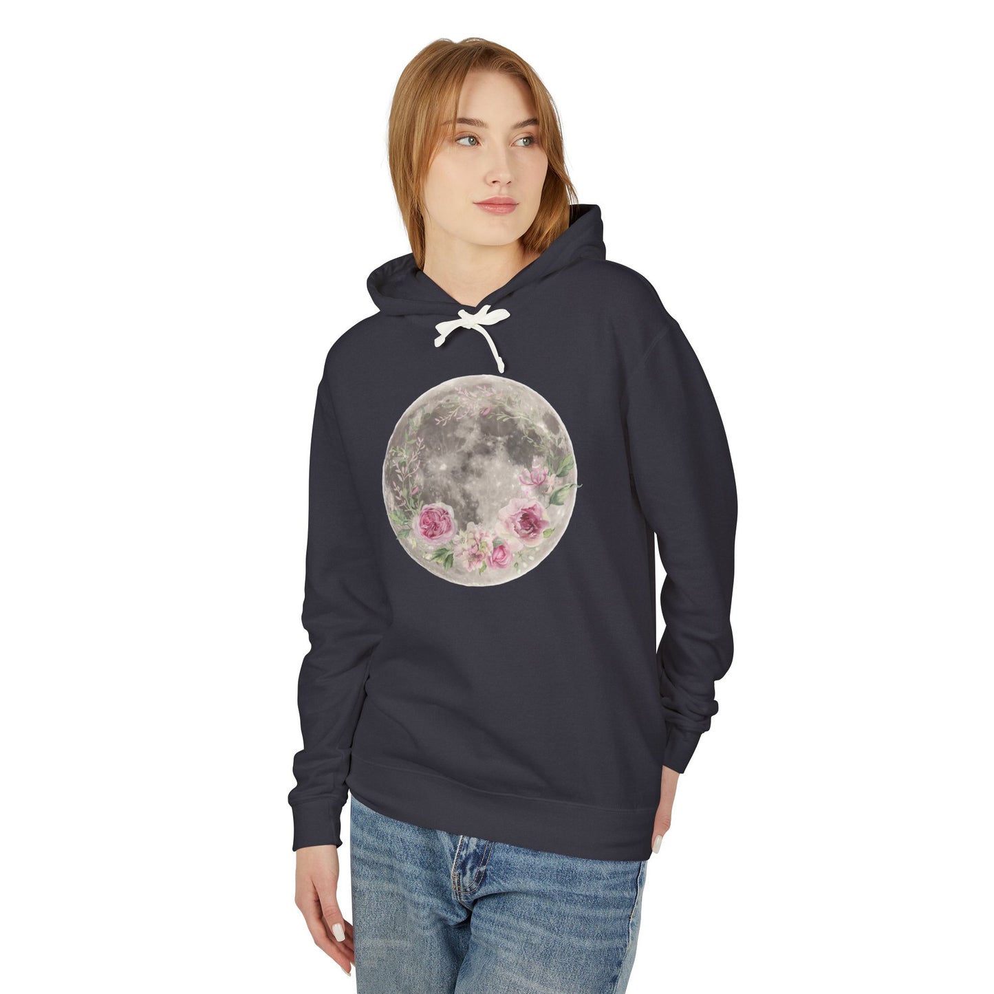 Moon & Floral Hoodie, Unisex Lightweight, Cozy Sweatshirt, Nature Lover Gift, Night Sky Apparel, Perfect for Fall & Spring