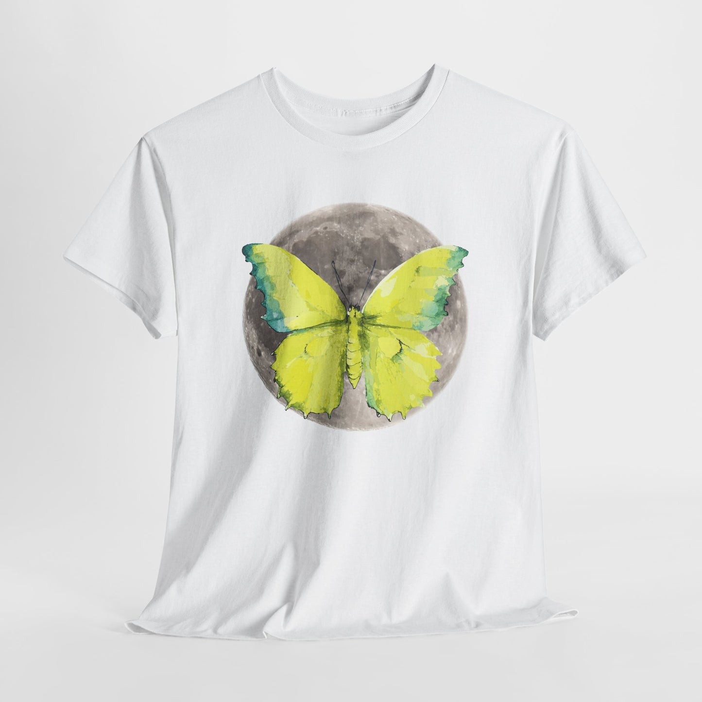 Butterfly and Moon Unisex Heavy Cotton Tee, Artistic T-Shirt, Nature Lover Gift, Unique Graphic Tee, Butterfly Shirt, Casual Wear, Spring