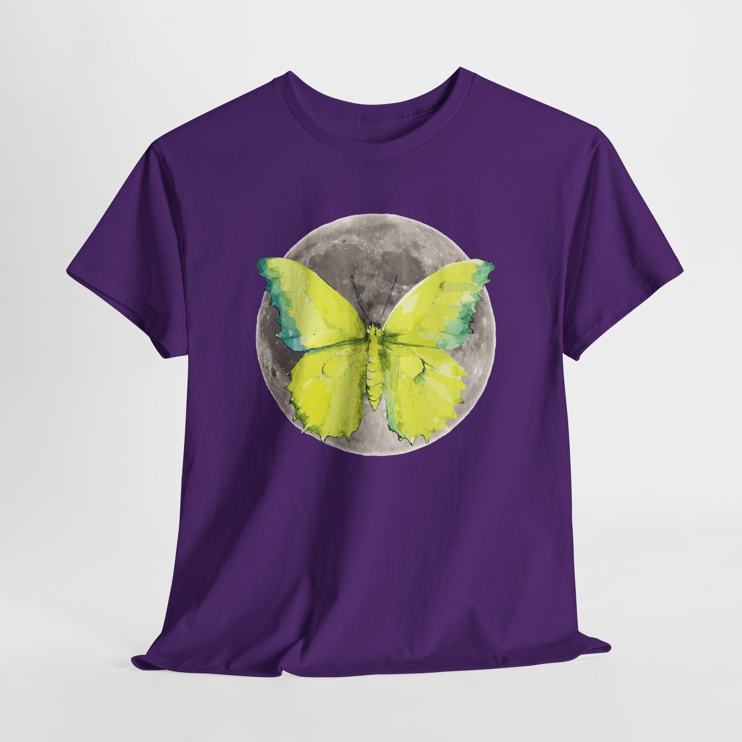 Butterfly and Moon Unisex Heavy Cotton Tee, Artistic T-Shirt, Nature Lover Gift, Unique Graphic Tee, Butterfly Shirt, Casual Wear, Spring