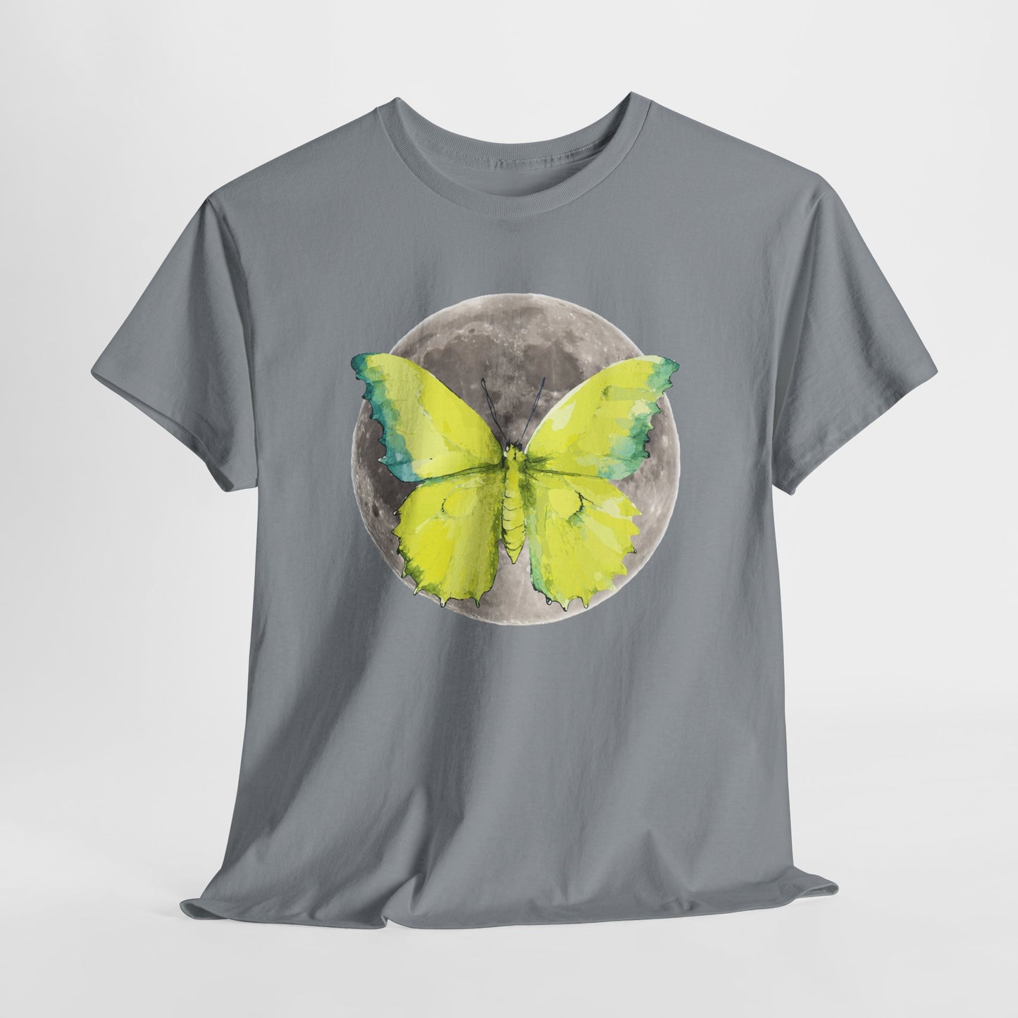 Butterfly and Moon Unisex Heavy Cotton Tee, Artistic T-Shirt, Nature Lover Gift, Unique Graphic Tee, Butterfly Shirt, Casual Wear, Spring