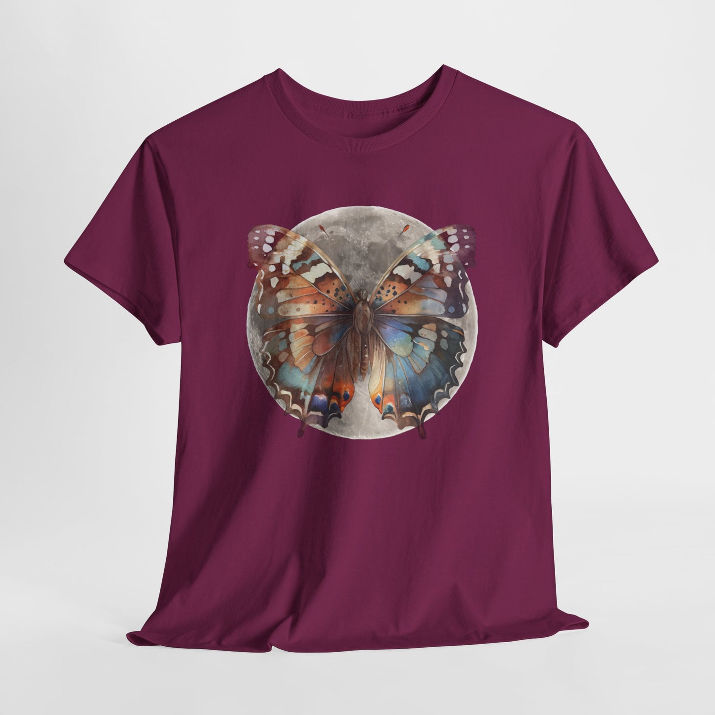 Butterfly Moon Unisex Heavy Cotton Tee, Nature Lover Shirt, Boho Aesthetic Tee, Cute Graphic Top, Eco-friendly Gift, Summer Fashion