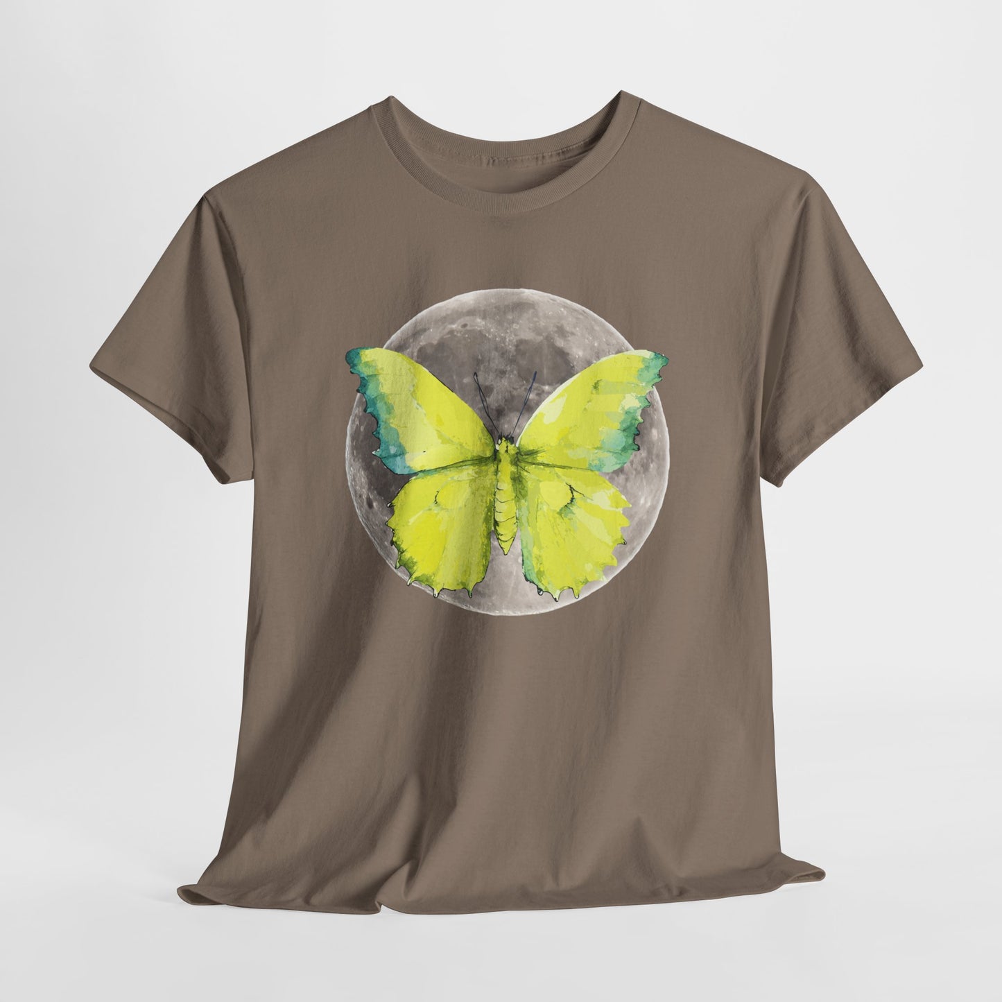 Butterfly and Moon Unisex Heavy Cotton Tee, Artistic T-Shirt, Nature Lover Gift, Unique Graphic Tee, Butterfly Shirt, Casual Wear, Spring
