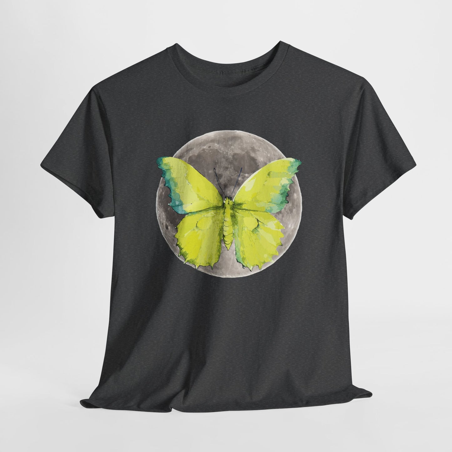 Butterfly and Moon Unisex Heavy Cotton Tee, Artistic T-Shirt, Nature Lover Gift, Unique Graphic Tee, Butterfly Shirt, Casual Wear, Spring