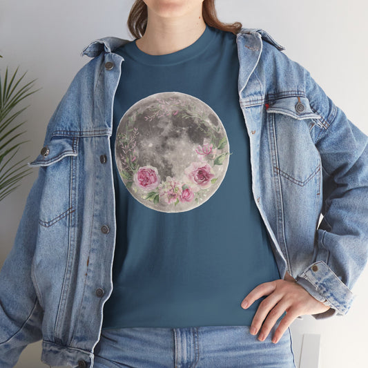 Moon & Roses Heavy Cotton Tee, Bohemian T-Shirt, Floral Graphic Tee, Gift for Stargazers, Unisex Summer Apparel, Moon Lover Gift