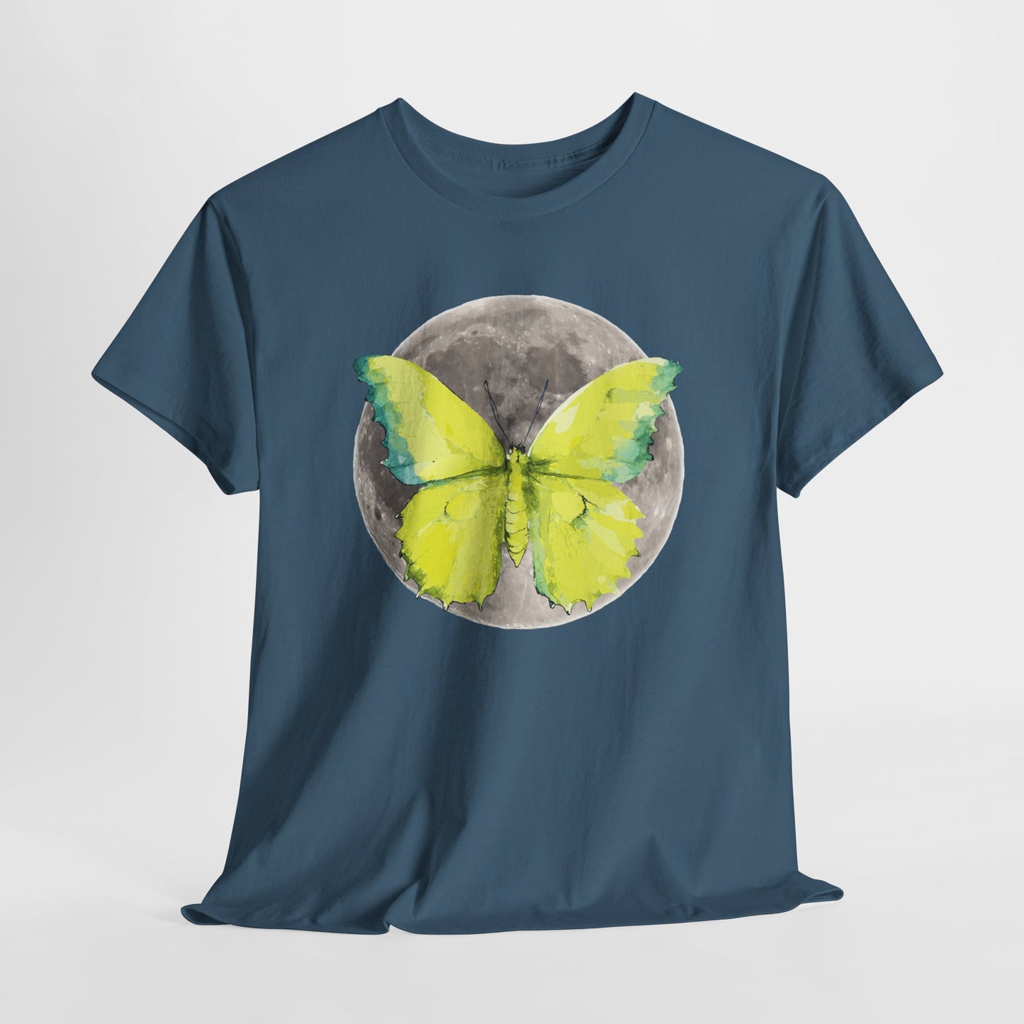 Butterfly and Moon Unisex Heavy Cotton Tee, Artistic T-Shirt, Nature Lover Gift, Unique Graphic Tee, Butterfly Shirt, Casual Wear, Spring
