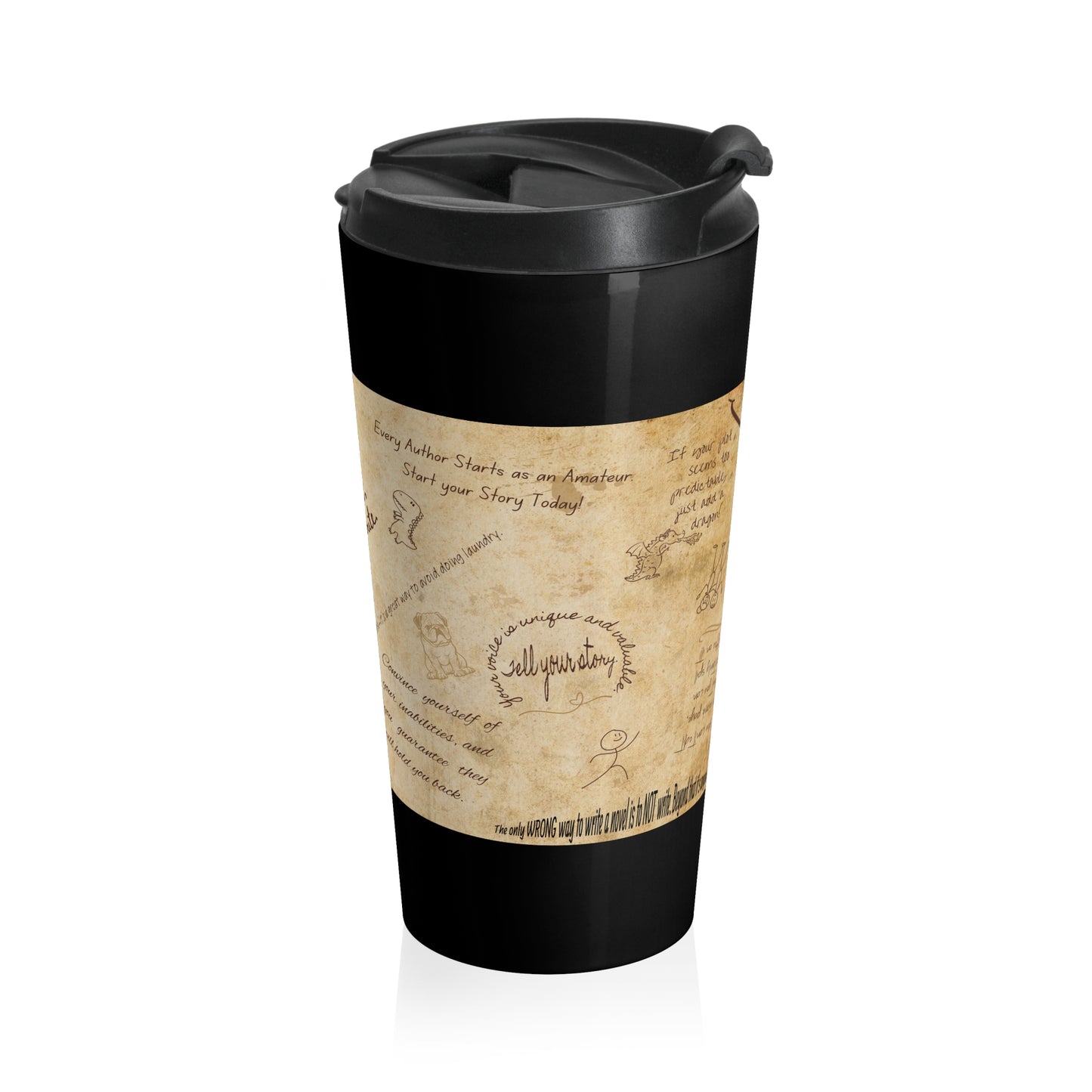 Travel Mug — Vintage Handwritten Notes Design ("Don't be afraid, don't be weak")