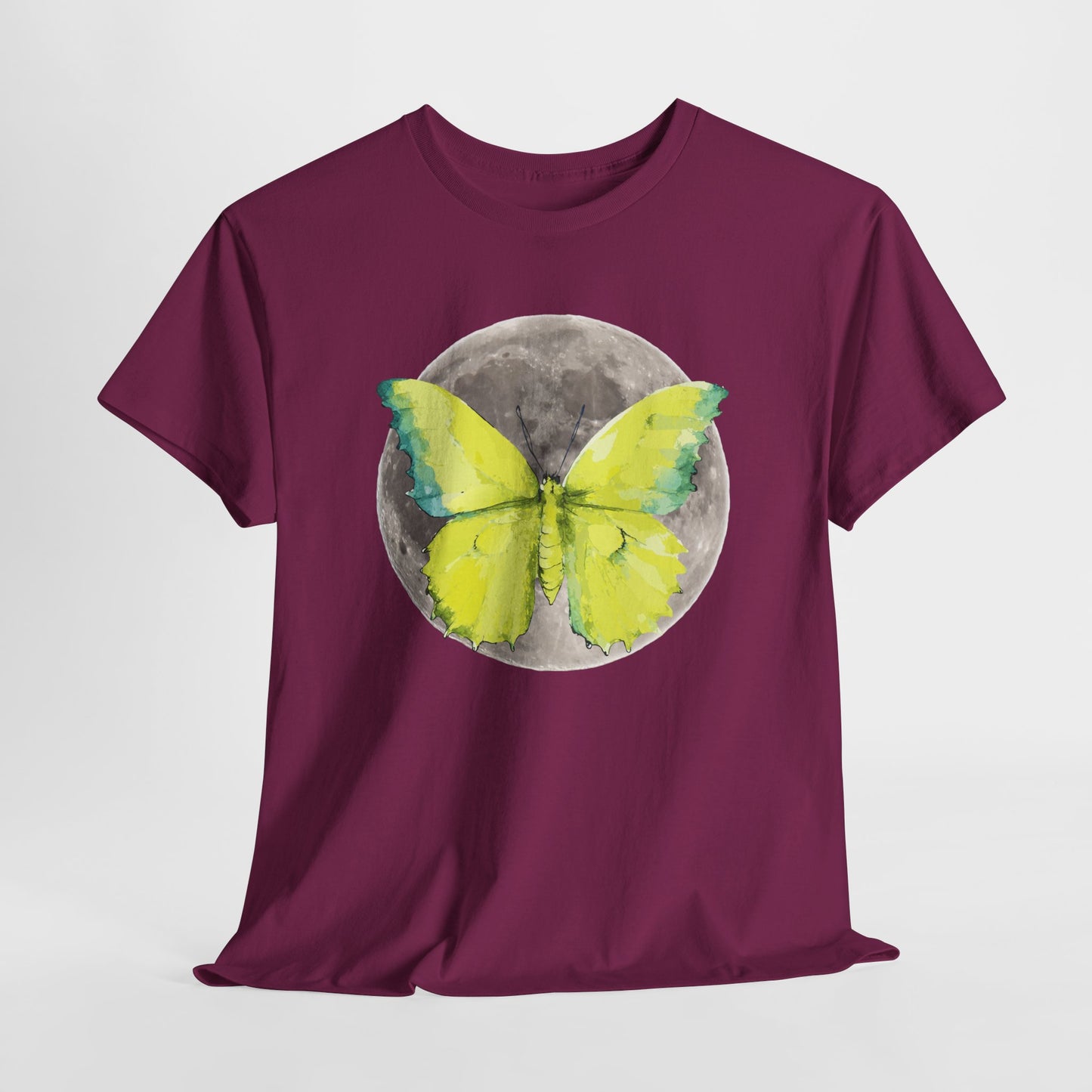 Butterfly and Moon Unisex Heavy Cotton Tee, Artistic T-Shirt, Nature Lover Gift, Unique Graphic Tee, Butterfly Shirt, Casual Wear, Spring