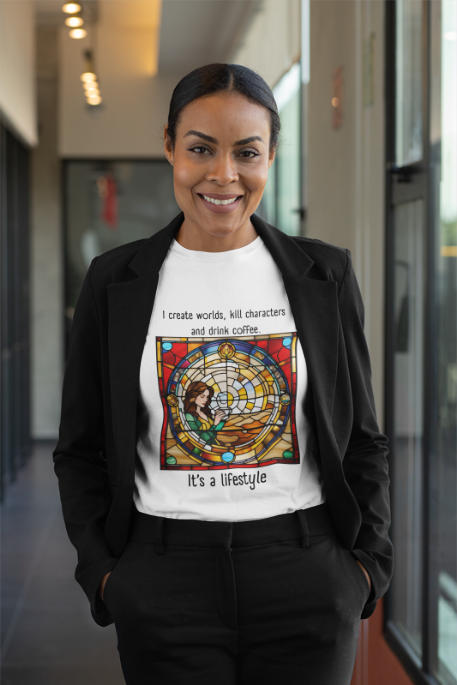 Coffee Lover Unisex Cotton Tee - I Create Worlds, Kill Characters