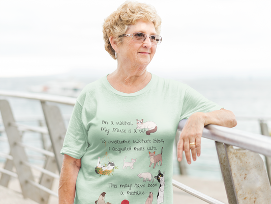 Writer's Block Cat Tee – Unisex Heavy Cotton T-Shirt for Cat Lovers