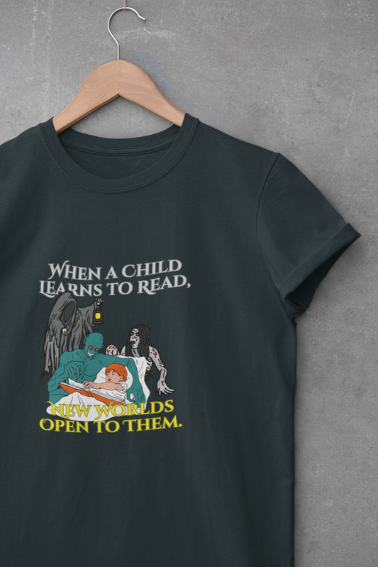 Inspirational Reading Tee - 'When a Child Learns to Read, Great Worlds Open to Them' Unisex Heavy Cotton Tee