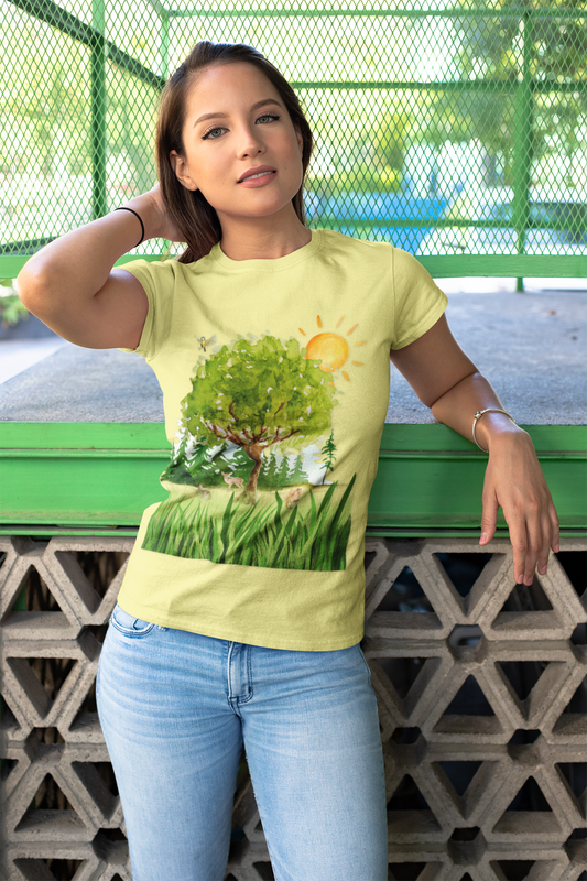 Nature-Inspired Unisex Heavy Cotton Tee with Tree and Sun Design