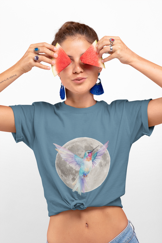 Moonlit Hummingbird Tee - Comfortable Unisex Heavy Cotton T-Shirt, Nature Lover Gift, Boho Style Wear, Ideal for Earth Day, Casual Parties,