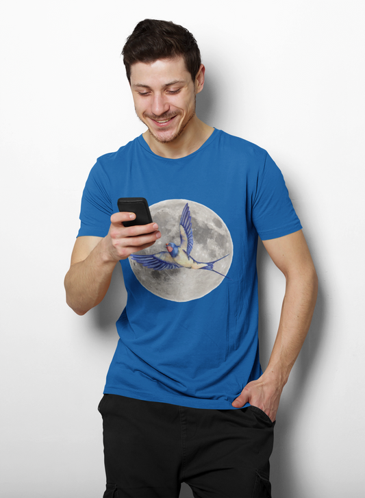 Moonlit Swallow Unisex Heavy Cotton Tee, Vintage Moon Tee, Bird Lover Shirt, Celestial T-Shirt, Nature Themed Apparel, Gift for Birdwatchers