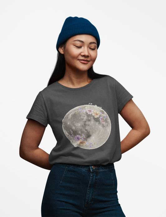 Floral Moon Unisex Heavy Cotton Tee, Boho Style Shirt, Nature-Inspired Gift, Casual Wear, Cool Graphic Tee, Moon Lovers Apparel