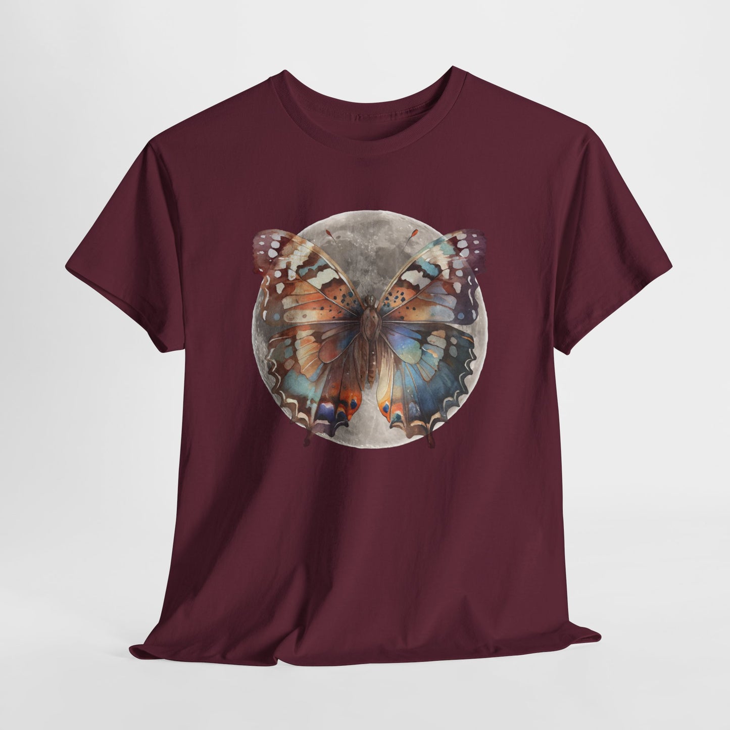 Butterfly Moon Unisex Heavy Cotton Tee, Nature Lover Shirt, Boho Aesthetic Tee, Cute Graphic Top, Eco-friendly Gift, Summer Fashion