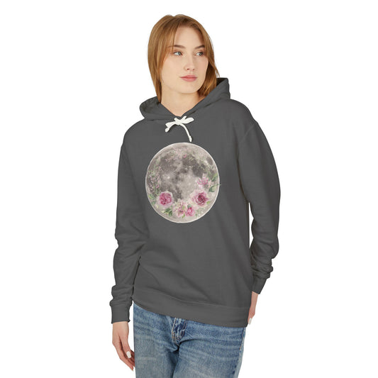 Moon & Floral Hoodie, Unisex Lightweight, Cozy Sweatshirt, Nature Lover Gift, Night Sky Apparel, Perfect for Fall & Spring