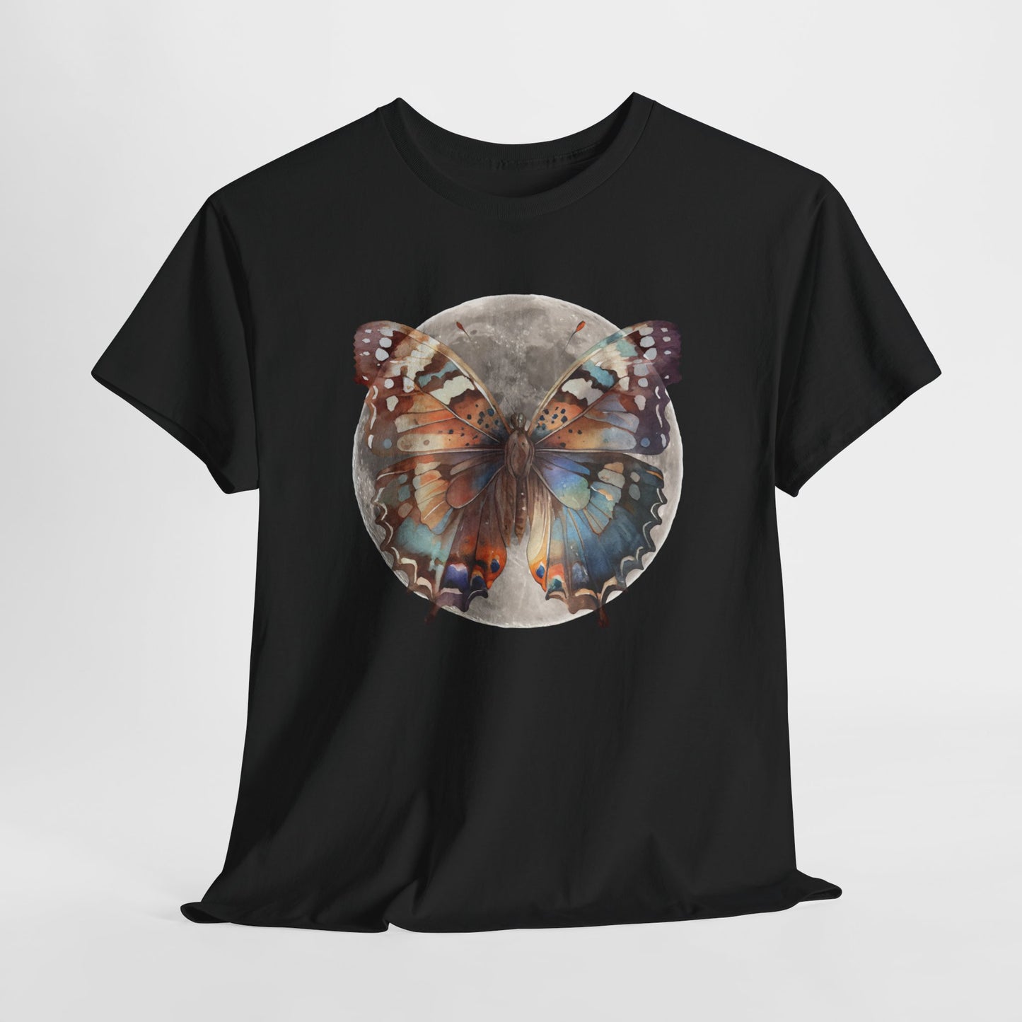 Butterfly Moon Unisex Heavy Cotton Tee, Nature Lover Shirt, Boho Aesthetic Tee, Cute Graphic Top, Eco-friendly Gift, Summer Fashion