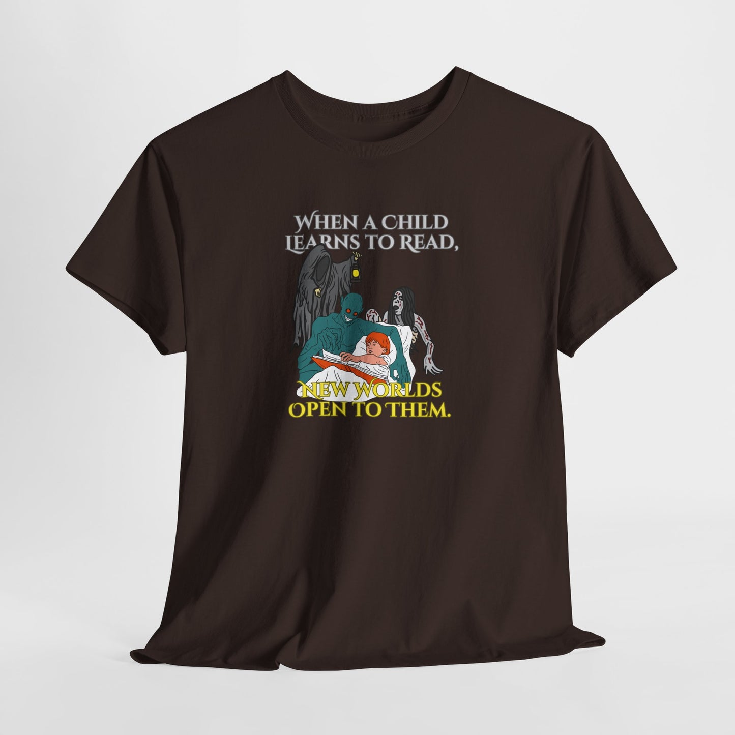 Inspirational Reading Tee - 'When a Child Learns to Read, Great Worlds Open to Them' Unisex Heavy Cotton Tee