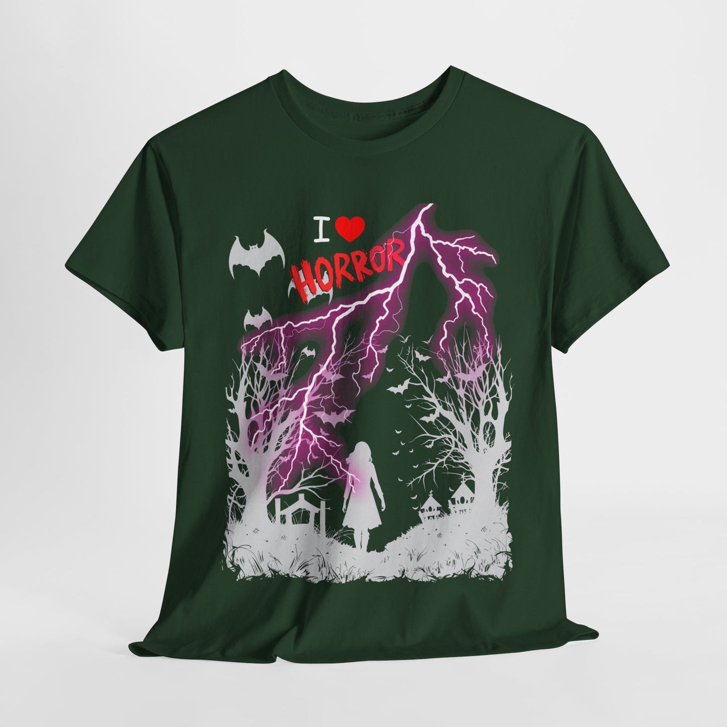 I Love Horror Unisex Heavy Cotton Tee - Spooky Halloween T-Shirt for Horror Fans