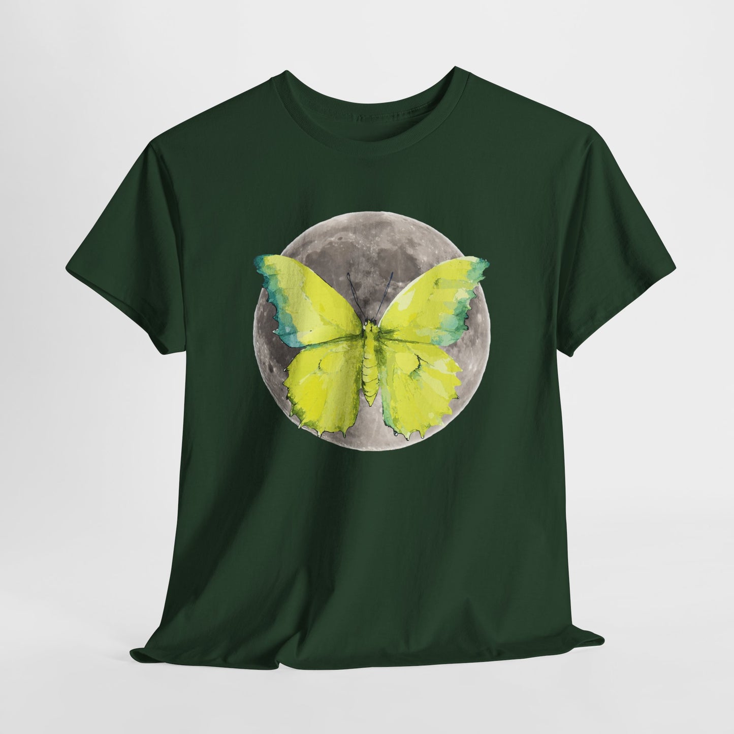 Butterfly and Moon Unisex Heavy Cotton Tee, Artistic T-Shirt, Nature Lover Gift, Unique Graphic Tee, Butterfly Shirt, Casual Wear, Spring