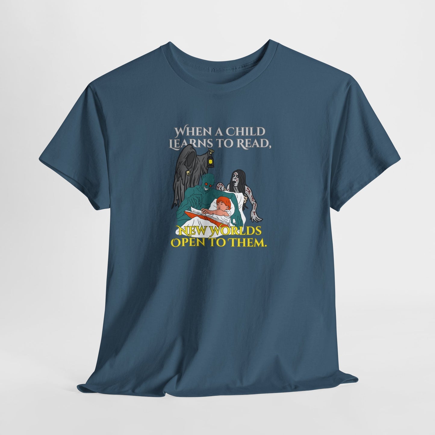 Inspirational Reading Tee - 'When a Child Learns to Read, Great Worlds Open to Them' Unisex Heavy Cotton Tee