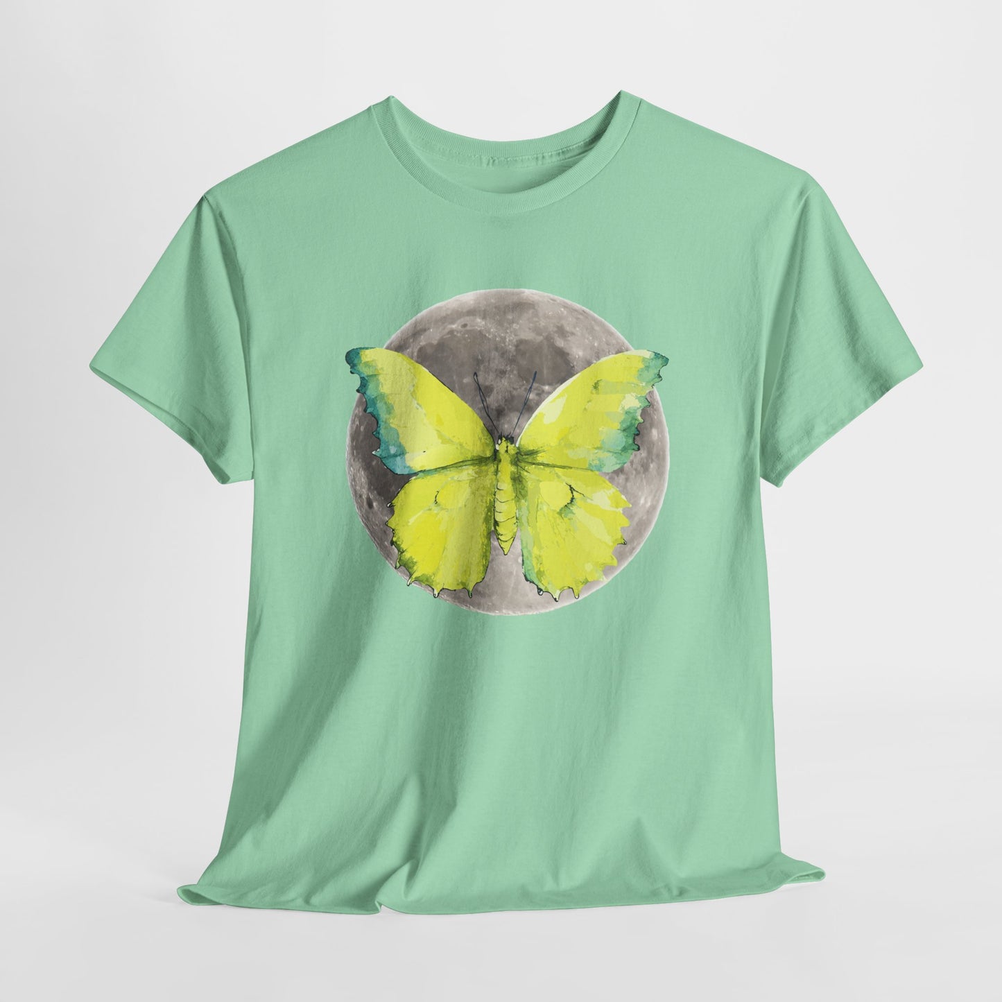 Butterfly and Moon Unisex Heavy Cotton Tee, Artistic T-Shirt, Nature Lover Gift, Unique Graphic Tee, Butterfly Shirt, Casual Wear, Spring