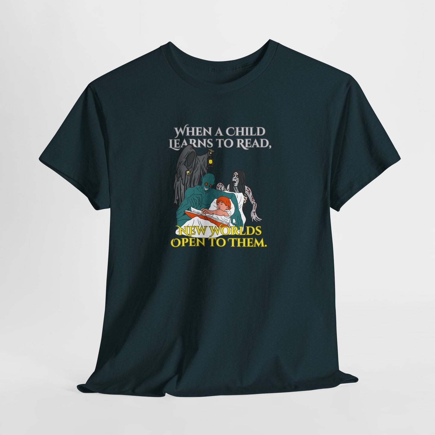 Inspirational Reading Tee - 'When a Child Learns to Read, Great Worlds Open to Them' Unisex Heavy Cotton Tee