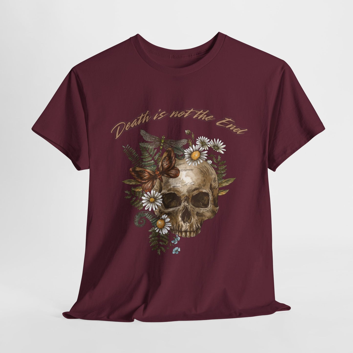 Skull Floral Unisex Heavy Cotton Tee, Casual Graphic Tee, Death Not the End Shirt, Dark Aesthetic T-Shirt, Gothic Gift Idea, Halloween