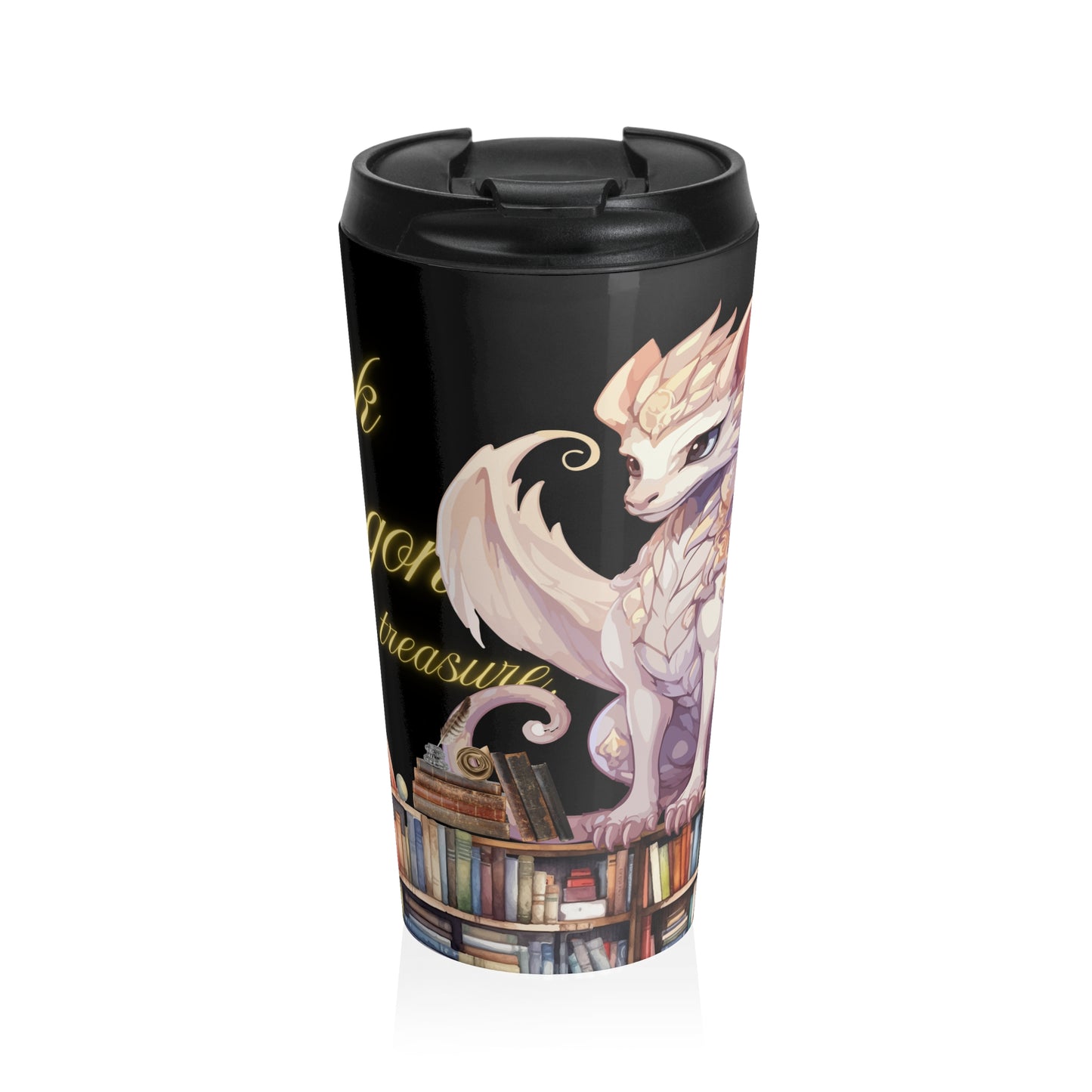 Dragon & Books Stainless Steel Travel Mug — "I am a Book Dragon" Literary Gift