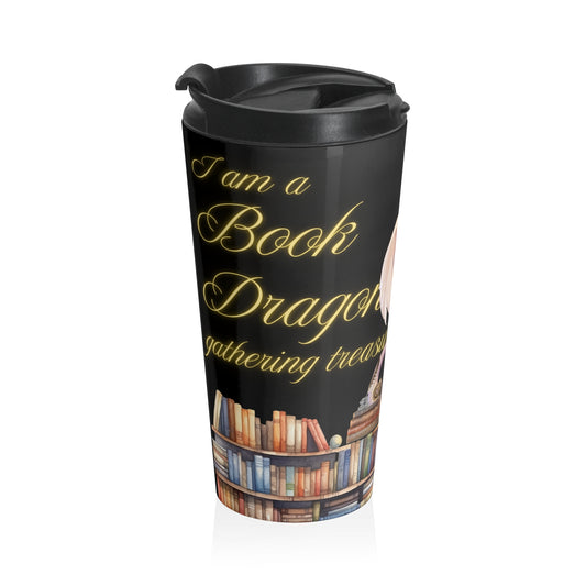 Dragon & Books Stainless Steel Travel Mug — "I am a Book Dragon" Literary Gift