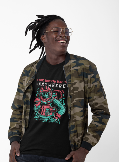 Book Lover Unisex Tee - A good book can take you anywhere. Astronaut Themed.
