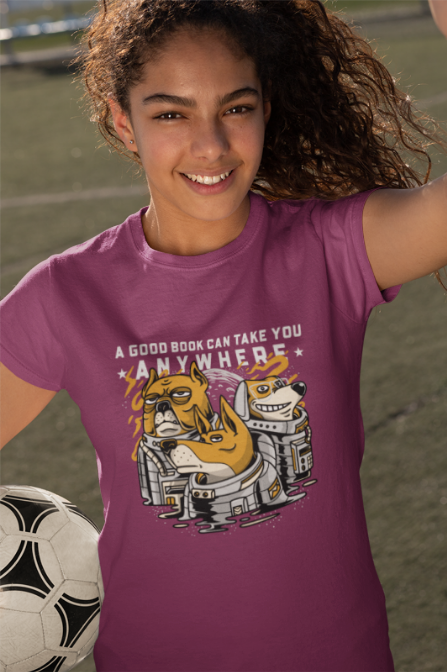 Book Lover Unisex Tee - A good book can take you anywhere. Dog Astronaut Themed.