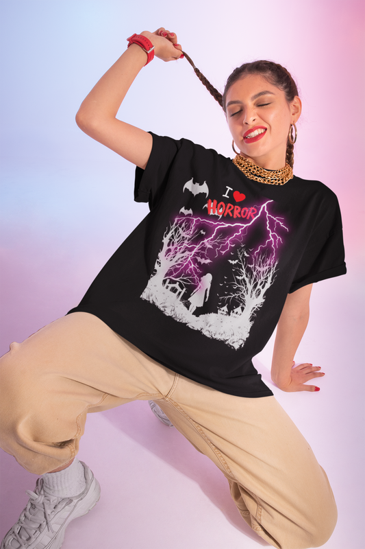 I Love Horror Unisex Heavy Cotton Tee - Spooky Halloween T-Shirt for Horror Fans