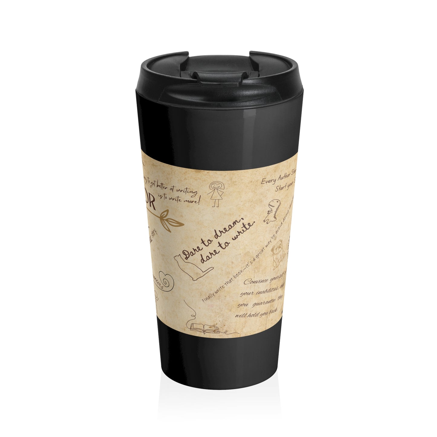 Travel Mug — Vintage Handwritten Notes Design ("Don't be afraid, don't be weak")