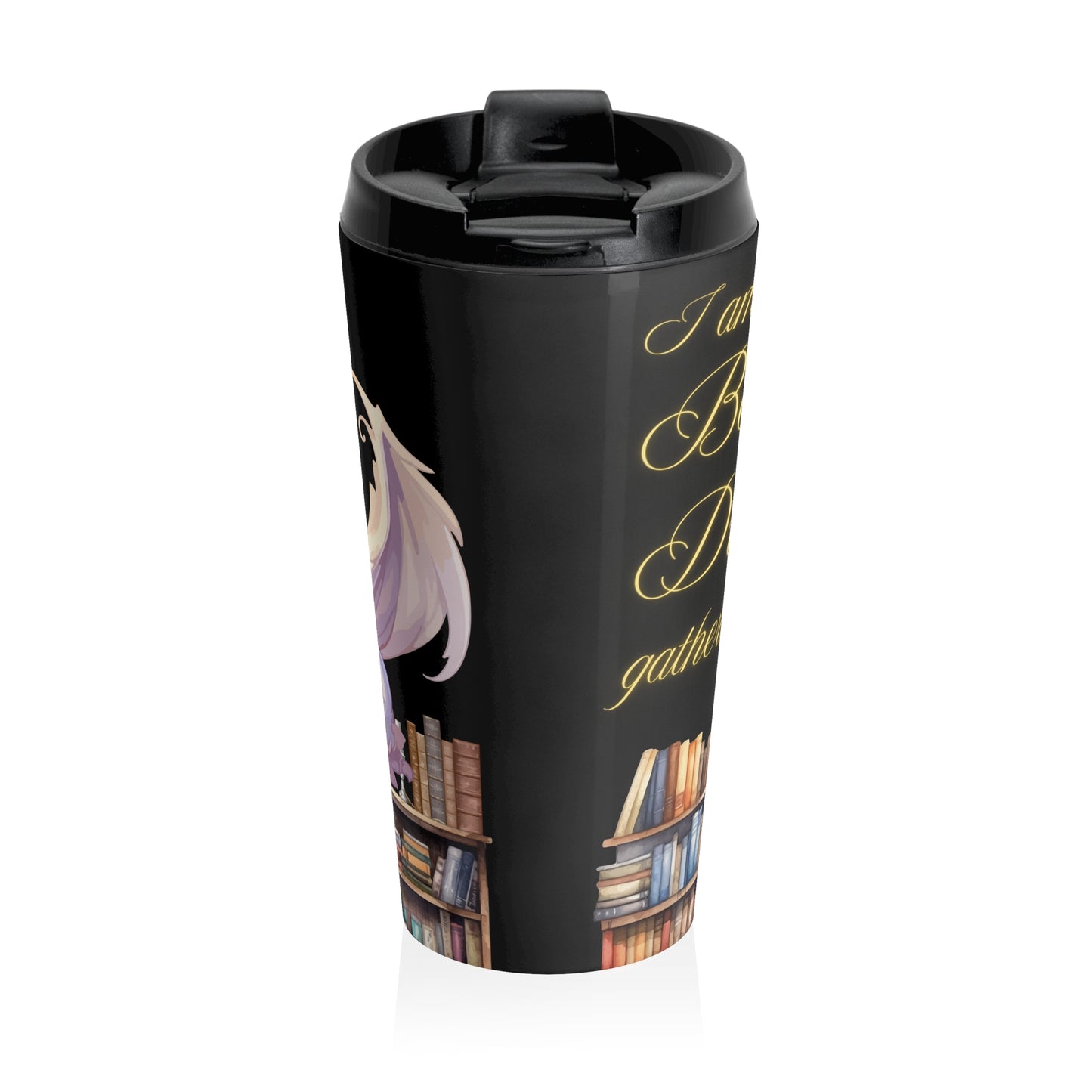 Dragon & Books Stainless Steel Travel Mug — "I am a Book Dragon" Literary Gift